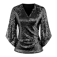 Women Sequin Tops 3/4 Sleeve Glitter Sparkly Party Blouse V Neck Casual Tops Temperament Looe Pleated Fall Comfy Shirts