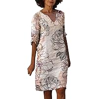 Summer Dresses for Women 2023 Women Casual Retro Flower Print V Neck Cotton Linen Mid Length Mid Sleeved Dress