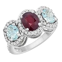 PIERA 10K White Gold Natural Quality Ruby & Aquamarine 3-stone Mothers Ring Oval Diamond Accent, size 5-10