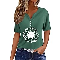 Short Sleeve Tops for Women V-Neck Printed Tees Button Down Cute Blouses Loose Fit Casual Tops Summer Comfy Shirts