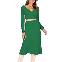 Pink Queen Women's Fall 2 Piece Sweater Outfits Set Wrap V Neck Long Sleeve Crop Top Bodycon Midi Skirt Knit Dresses