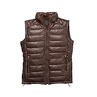 Brown Puffer Down Vest for Men's Real Lambskin Leather Quilted Vest Motorcycle Distressed Leather Jacket