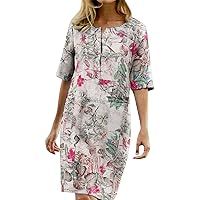 Womens Summer Casual Short Sleeve Dress Loose Floral Vintage Knee Length Boho Dresses Beach Midi Dress 2024 Vacation