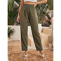 Women's Pants Pants for Women Shirred Knot Waist Solid Pants (Color : Army Green, Size : Large)