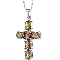PEORA Created Black Fire Opal Cross Pendant Necklace for Women 925 Sterling Silver, 3 Carats total Oval Shape, with 18 inch Chain