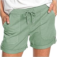 Women's Baggy Linen Shorts Summer Bermuda Short with Pocket, Solid Casual Short Pants Elastic High Waist Drawstring Shorts