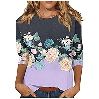 Business Casual Tops for Women,Womens 3/4 Sleeve Tops Crew Neck Vintage Print Graphic Shirt Plus Size Tops for Women