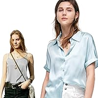 Women's Pure Silk Short Sleeve Green Button Down Shirts and Womens Gray Silk Camisole, Solid Blouse and Casual Elegant Shirt for Business Outfits Fashion Tops for Summer Fall Work Beach,XL