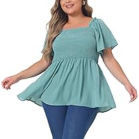 Agnes Orinda Plus Size Summer Tops for Women Square Neck Short Sleeve Ruffle Hem Casual Loose Fit Blouse Top