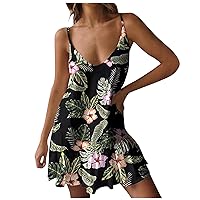 Vacation Dresses for Women, V Neck Casual Beach Outfits Print Dresses Ruffle Belted with Pockets Sun Dresses (XL, Black)