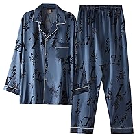 Men Pajamas Set Silk Sleepwear Set Long Sleeves Button-Down Set Thin Comfort Casual Loungewear Set for Men