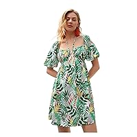 TINMIIR Summer Dress for Women Tropical Print Tie Back Square Neck Puff Sleeve A-line Dresses, OneColor, X-Small
