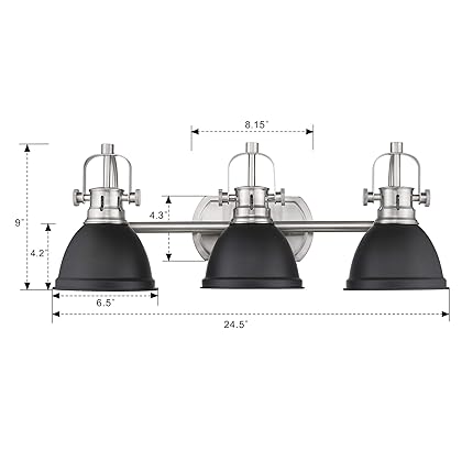 Emliviar 3-Light Bathroom Vanity Light Fixture, Black Finish with Metal Shade, 4054H-A