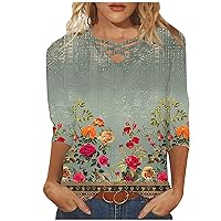 3/4 Length Sleeve Womens Tops Casual Loose Fit Crewneck T Shirts Cute Sunflower Printed Three Quarter Length Tunic Top