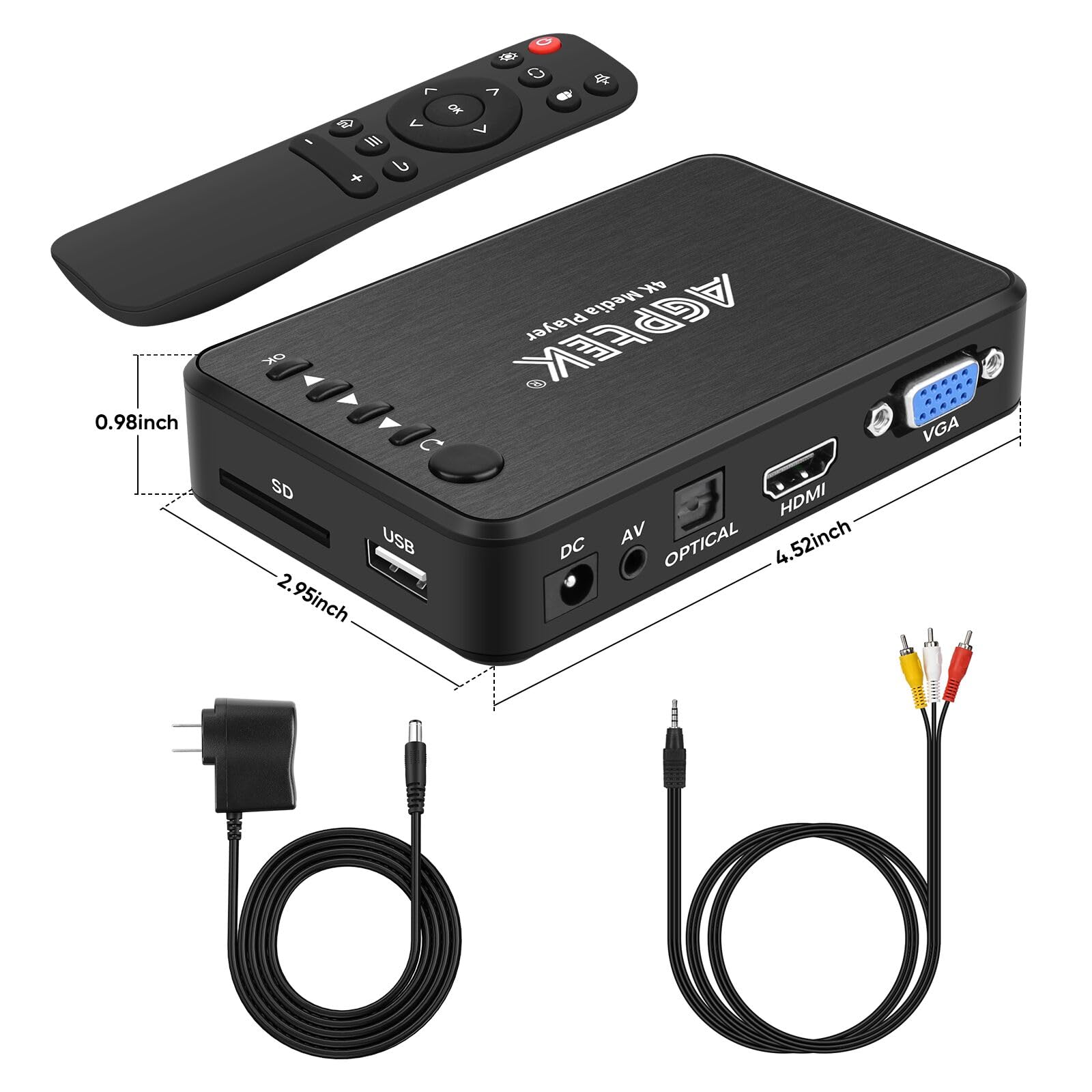 AGPTEK Updated 4K@30hz HDMI TV Media Player with HDMI/AV/VGA Output, Digital MP4 Player for 14TB HDD/ 256G USB Drive/SD Card/H.265 MP4, with Remote Control for MP3 AVI RMVB MPEG etc
