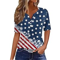 American Flag Shirt Tops Women 4th of July T-Shirts Trendy Button Star Stripes USA Short Sleeve V-Neck Patriotic Tees