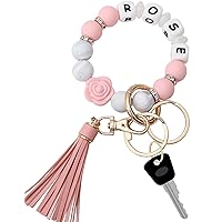 Munchewy Personalized Key Ring Bracelet Wristlet Keychain with Name, Car Keychain Holder Silicone Beaded Bracelet Keychain Bangle Chains with Leather Tassel Keyrings for Women and Girls (Pink Rose)