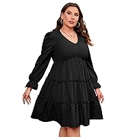 KOJOOIN Plus Size Sleeveless Summer Dress for Women Ruffle Short Sleeve Smocked Dress V Neck Babydoll Midi Dress