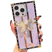 Cute Square Compatible with iPhone 14 Pro Max Glitter Case,Luxury Sparkly Butterfly Floral with Shinny Bling Foldable Stand Kickstand,Flexible Bumper Protective Cover for Women Girls(Purple)