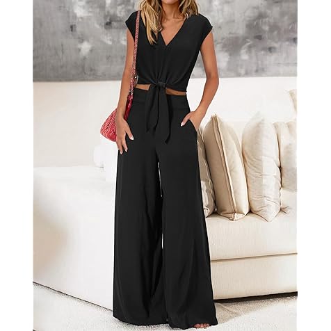 Women's Summer 2 Piece Outfits 2024 Cap Sleeve V Neck Belted Crop Tops Wide Leg Pant Sets Casual Tracksuit