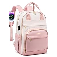 LOVEVOOK Laptop Backpack Women, Fits 18 Inch Laptop Bag, Fashion Travel Work Anti-theft Bag with Lock, Business Computer Waterproof Backpack Purse, Beige-Pink-Pink