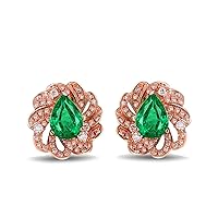Lieson 18K Rose Gold Stud Earrings for Women, Vintage Flower 1.67ct Oval Emerald with 0.57ct Diamond Dainty Hypoallergenic Stud Earrings Rose GoldWomens Girls Jewelry Gifts