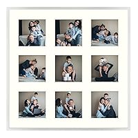 16x16 Aluminum Collage Picture Frame, Displays Nine 4x4 inch Pictures with Mat, Real Glass Front, Portrait or Landscape Wall Mounting (1 Pack, Silver)