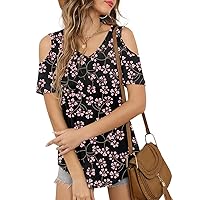 CATHY Women's V Neck Tunic Top Cold Shoulder T-Shirt Short Sleeve Casual Tee Blouse for Leggings