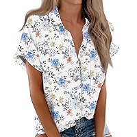 Camping Short Sleeve Slacking T-Shirt Women Tunic Independence Day Print Fitted for Women V Neck Button Comfy Turquoise M