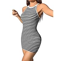 MARZXIN Halter Striped Contrast Trim Spaghetti Strap Sundress Short Dress