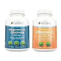 Purely Holistic Magnesium Glycinate 400mg + Vitamin C 1000mg with Rosehip & Acerola Cherry Bioflavonoid - Vegan Bundle - 270 Tablets & 365 Capsules