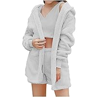 Women'S Sexy Fuzzy Outfits 3 Piece Pajamas Plush Cardigan Crop Tops Shorts Set Soft Sherpa Fleece Pjs Lounge Suit Knit Tracksuits Button Down Shirt And Pants Set