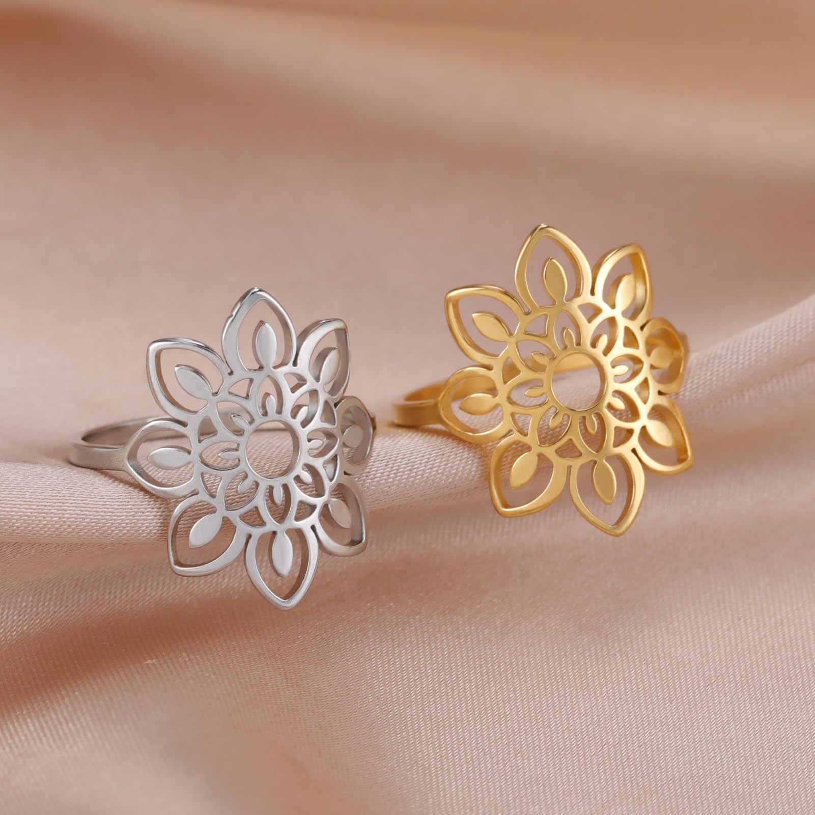 TEAMER Lotus Ring Stainless Steel Hollow Lotus Ring Geometric Ring Simple Jewelry for Women Girls