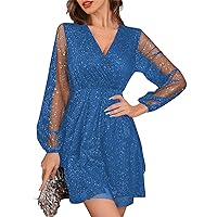Dress for Women 2024 Summer Prom Dress See Through Long Sleeve V-Neck Casual Sequin Midi Party Dress