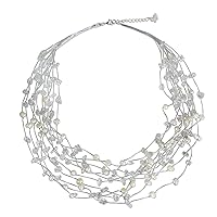 NOVICA Artisan Handmade Cultured Freshwater Pearl Quartz Strand Necklace Bridal Beaded Silk Brass Silver Plated White Thailand 'Cascade'
