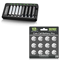 POWEROWL CR2032 Battery 3V Lithium 12 Pack with High Capacity Rechargeable AA and AAA Batteries NiMh 4 PCS AA 2800mAh & 4 PCS AAA 1000mAh with Battery Charger