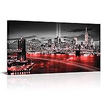 Conipit New York City Canvas Wall Art Black White Red Brooklyn Bridge Pictures NYC Skyline Cityscape Artwork for Living Room Bedroom Modern Home Decor Framed 24''x48'' (Red)