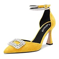 Castamere Women High Chunky Block Heel Diamond Crystal Ankle Strap Pointed Toe Pumps Cute 3.3 Inches Heels