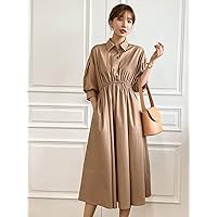 TLULY Dress for Women Solid Half Button Bishop Sleeve Shirt Dress (Color : Khaki, Size : X-Large)