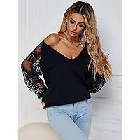 Contrast Lace Raglan Sleeve Sweater (Color : Black, Size : Large)