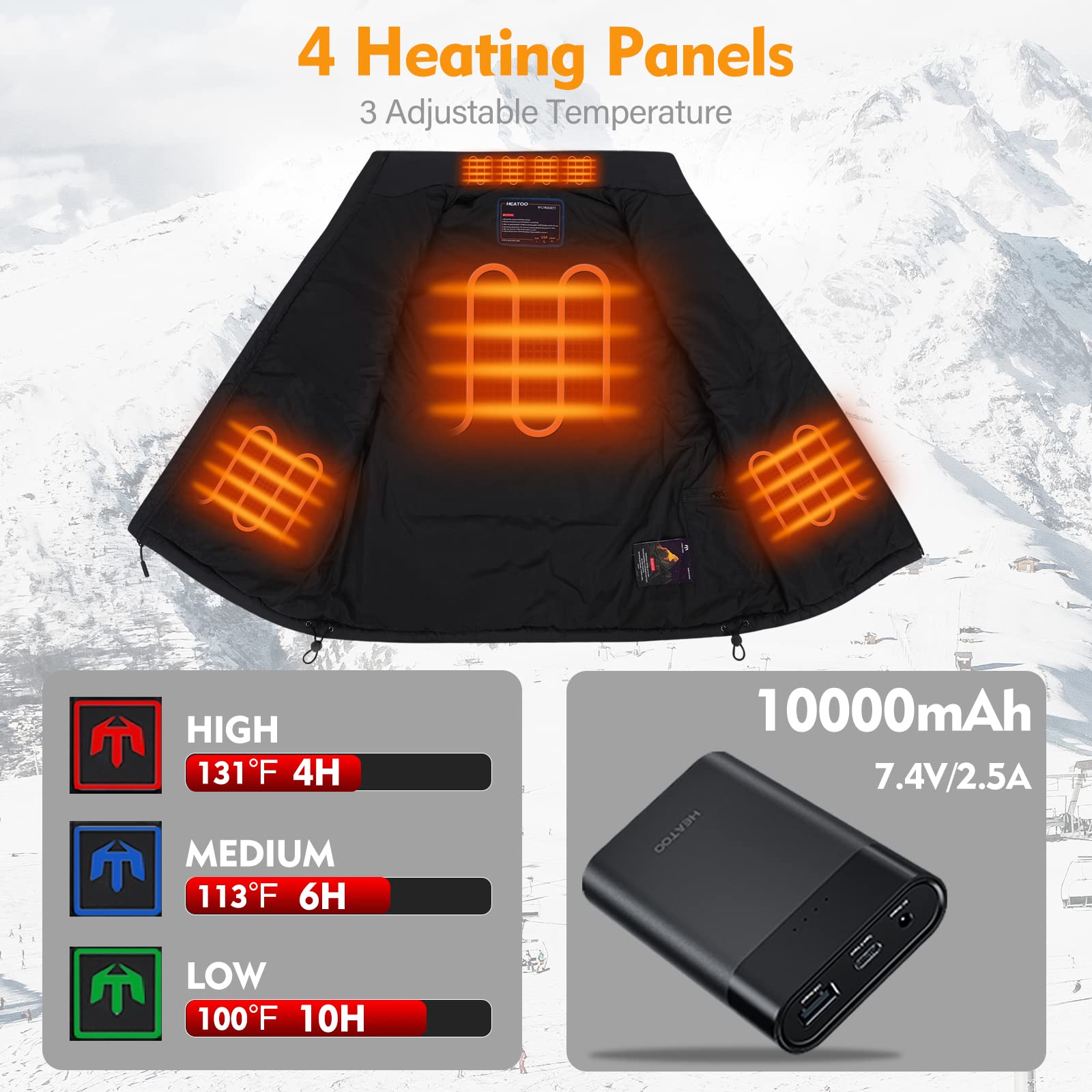 HEATOO Heated Vest for Men , Lightweight Heating Jackets with 10000mah Battery Pack 7.4V for Skiing Ice Fishing Hunting