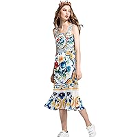 European Style Summer Wide Slip Dress 2017 Flowers Print Shirred Back Zipper Slim Mermaid Midi Dresses