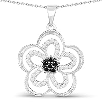 0.42 Carats Genuine White Diamond and Black Diamond (I-J, I2-I3) Flower Pendant Solid .925 Sterling Silver with Rhodium Plating, 18Inch Chain