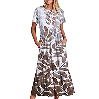 Womens Short Sleeve Dress Dress for Women Crew Neck Beach Hawaiian Pleated Maxi Long Summer Fall Dress 2024