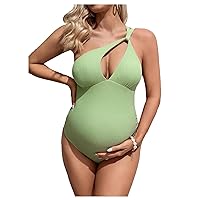 MakeMeChic Women's Maternity One Piece Swimsuit Cut Out One Shoulder Pregnancy Bathing Suit