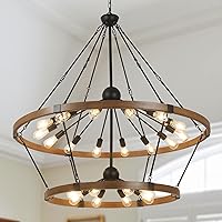 HMVPL Wagon Wheel Chandelier, Extra Large Farmhouse Chandeliers for High Ceiling, 2 Tier Round Rustic Chandelier with Oak Wood Finish for Living Room Dining Room Kitchen Staircases(22-Light 47.2 Inch)