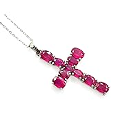 Natural Ruby 7X5 MM Oval Cut Gemstone Holy Cross Pendant Necklace 925 Sterling Silver July Birthstone Ruby Jewelry Love Friendship Gift For Girlfriend (PD-8489)