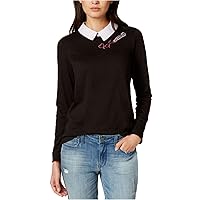 Womens Bow-Stripe Collared Pullover Blouse