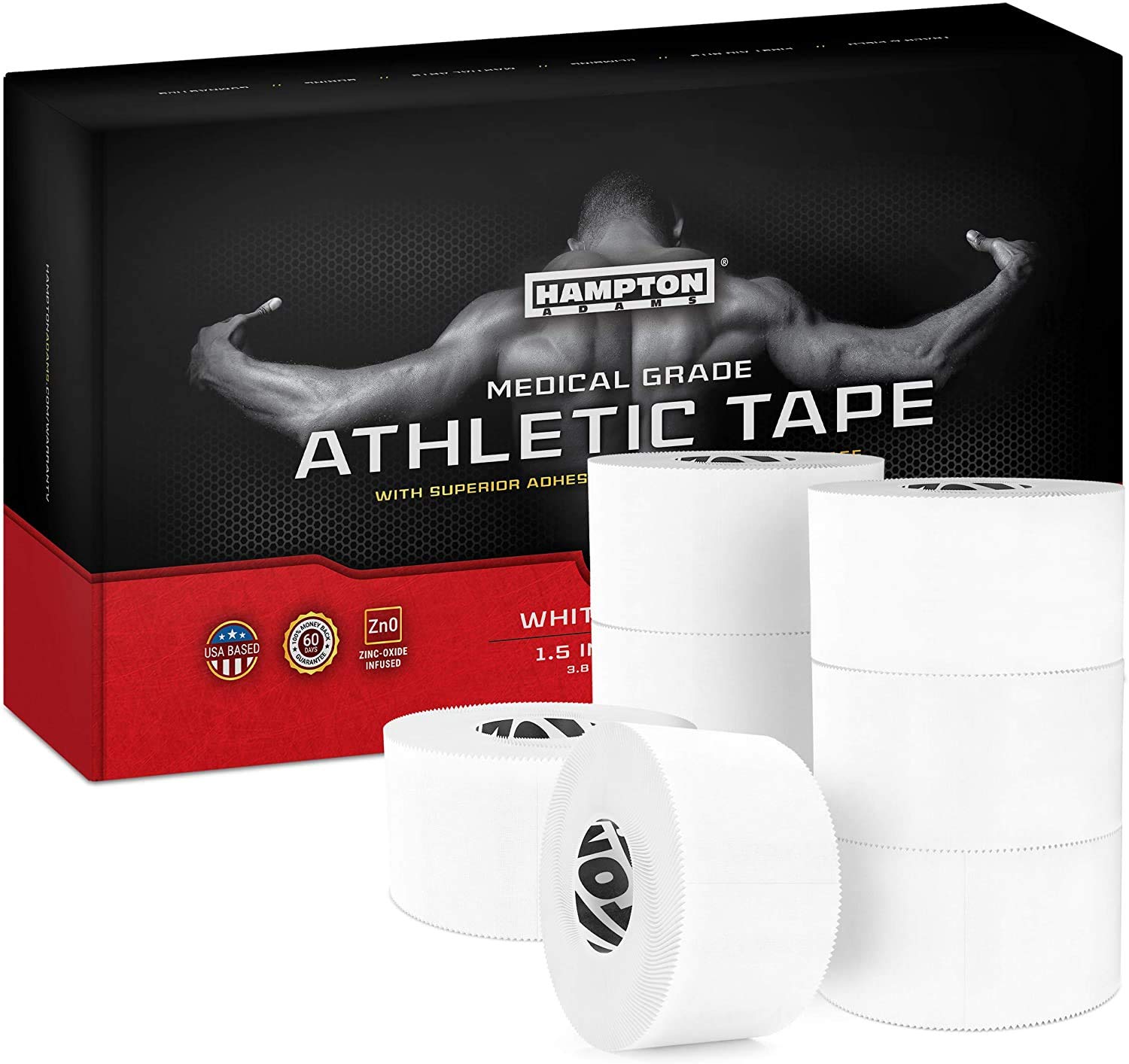 White Sports Medical Athletic Tape - No Sticky Residue & Easy to Tear - for Athletes, Trainers & First Aid Injury Wrap: Fingers Ankles Wrist - 1.5 Inch x 15 Yards per Roll (White, 8-Pack)