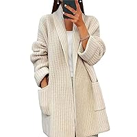 utcoco Womens Chunky Knit Cardigan Open Front Shawl Collar Long Sleeve Cardigan Sweaters with Pocket